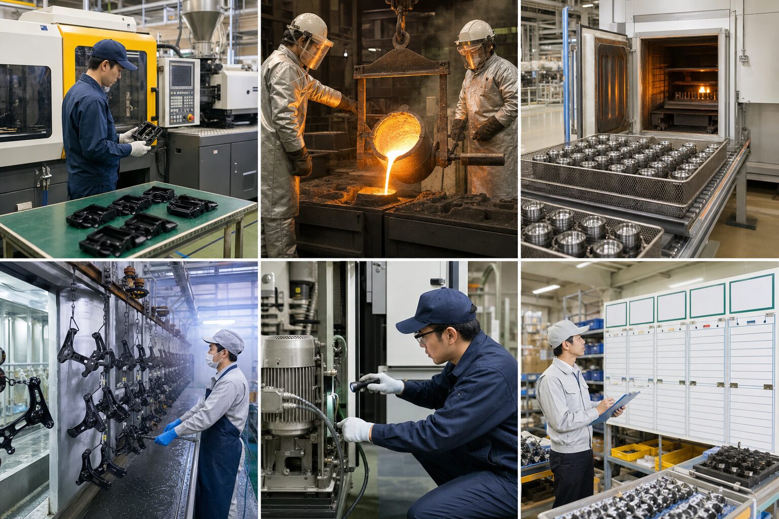 射出成形、鋳造、熱処理、表面処理、設備保全、物流生産管理の製造業現場イメージ