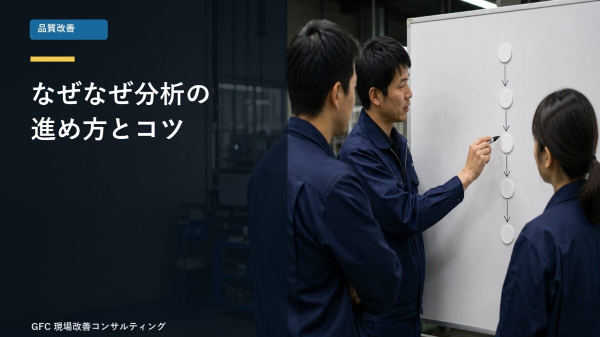 なぜなぜ分析をホワイトボードで行う製造現場のチーム