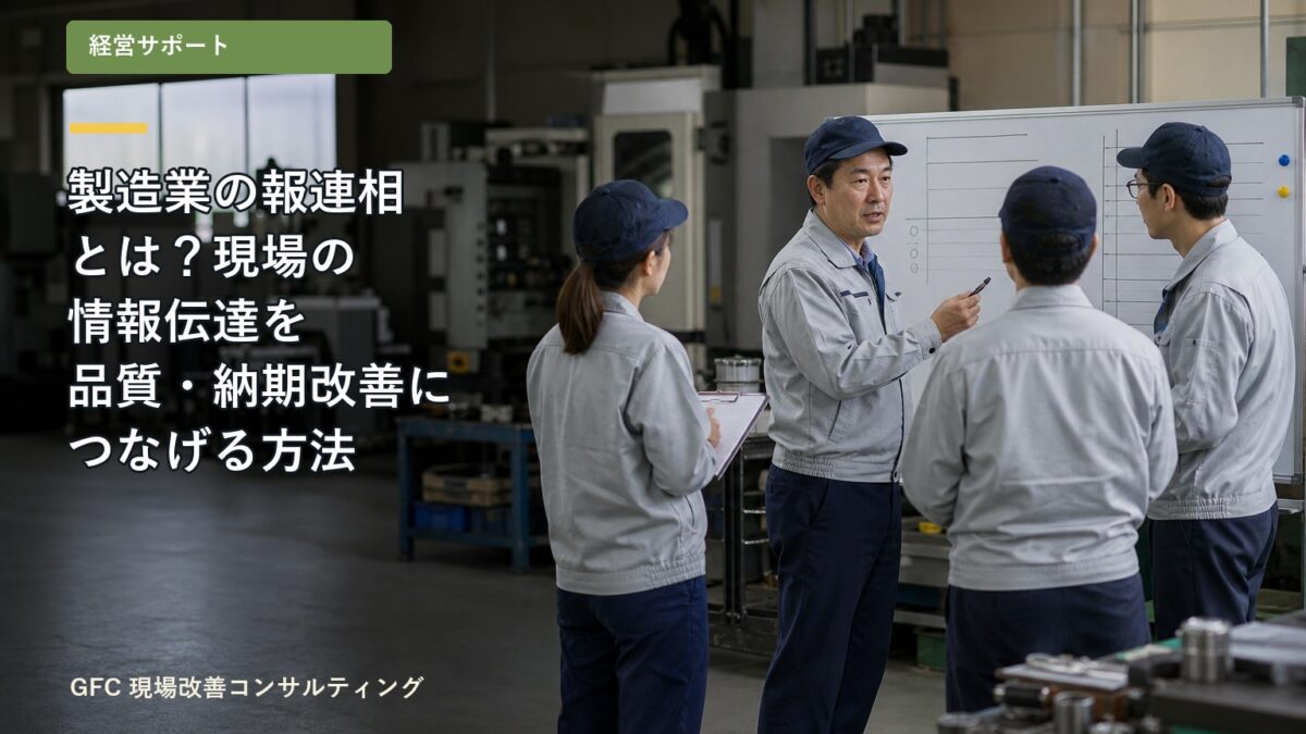 製造現場の朝礼でホワイトボードを使い報連相の内容を共有するリーダーと作業者