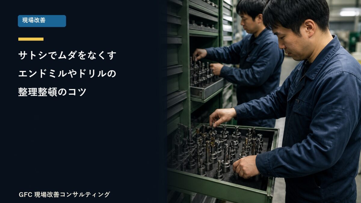 エンドミルとドリルを整理整頓する製造現場の作業者