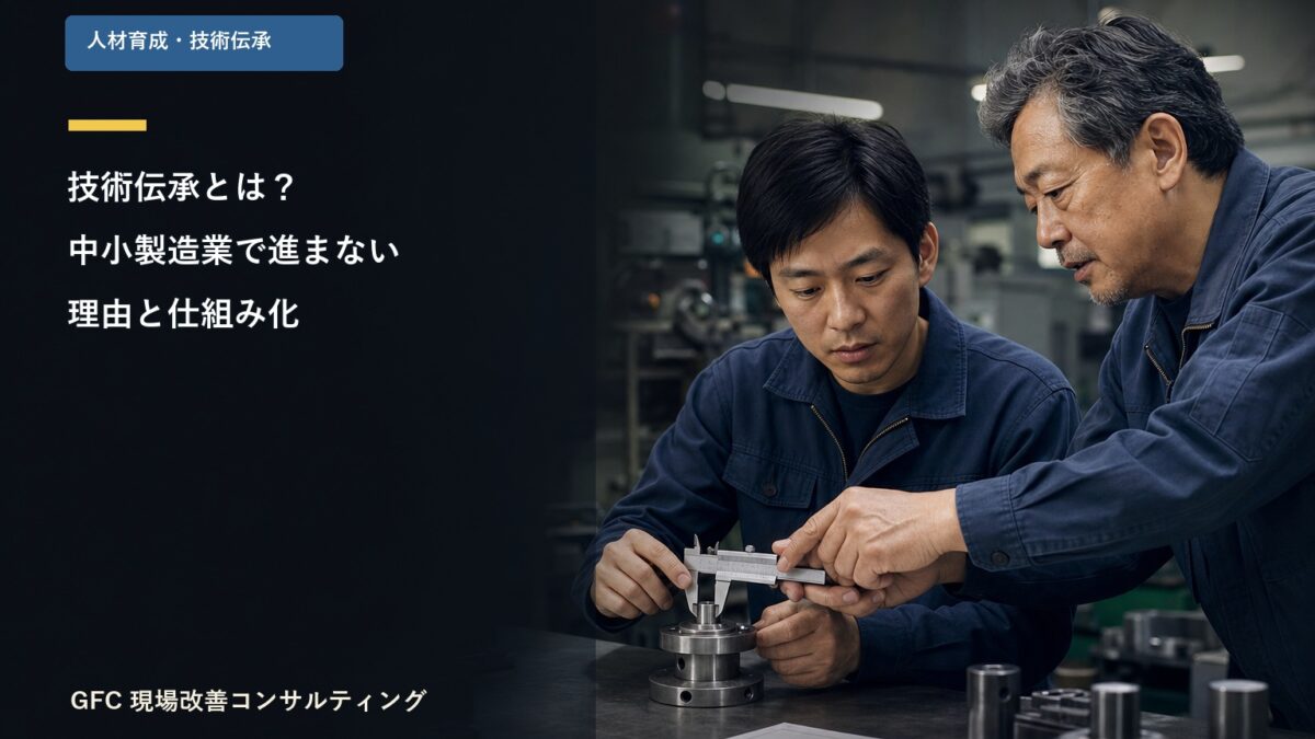 ベテラン作業者が若手に精密測定を教える製造現場