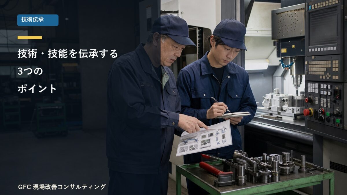 CNC工作機械の前で若手に作業手順を教える熟練作業者