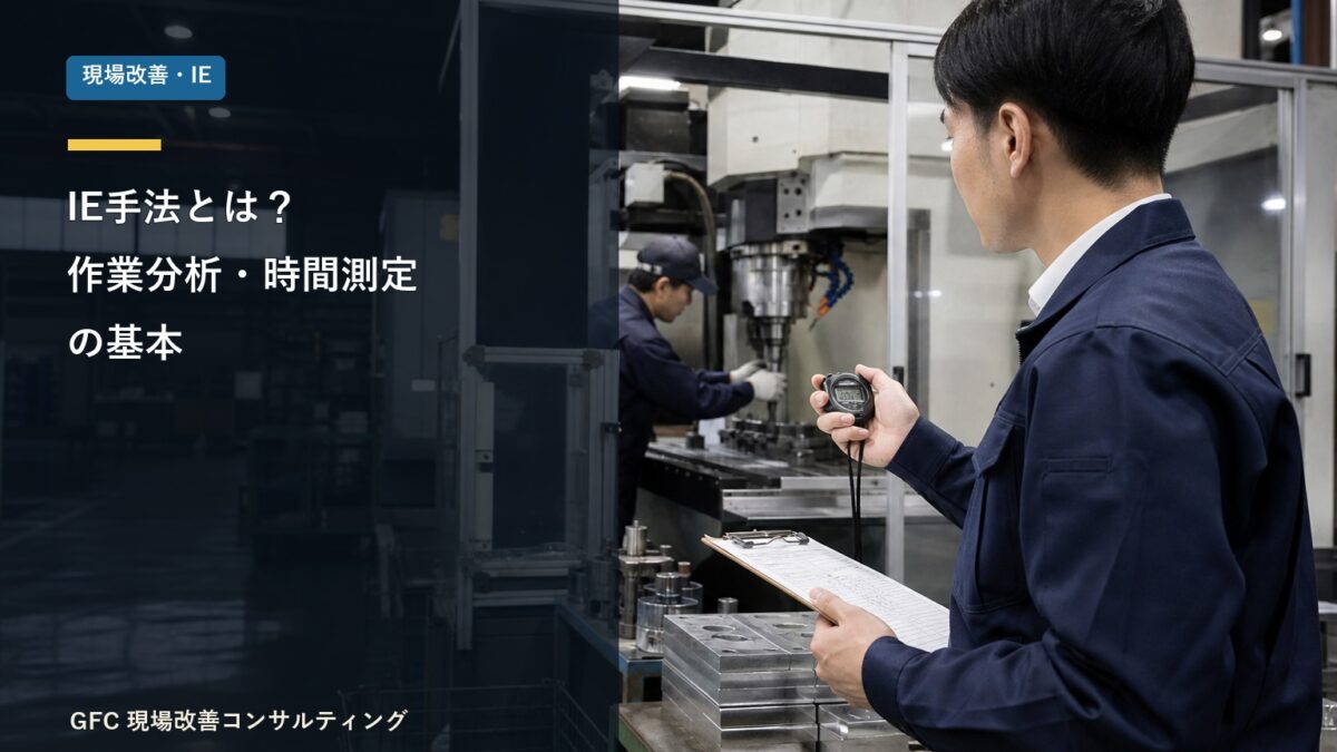 ストップウォッチと記録用紙で作業時間を測定する製造現場のIE担当者