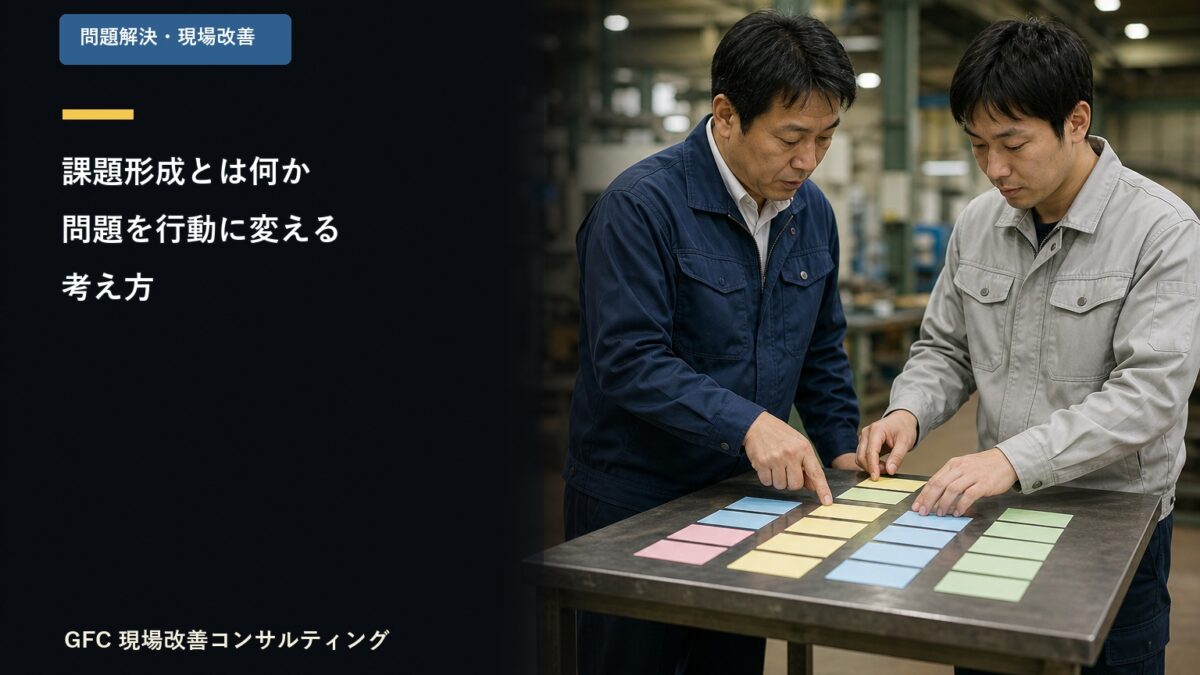 改善テーマを整理するために色分けしたカードを並べる製造現場の担当者