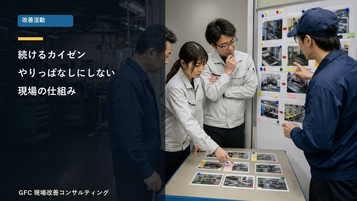 改善前後の写真を見比べて効果を確認する製造現場の改善チーム