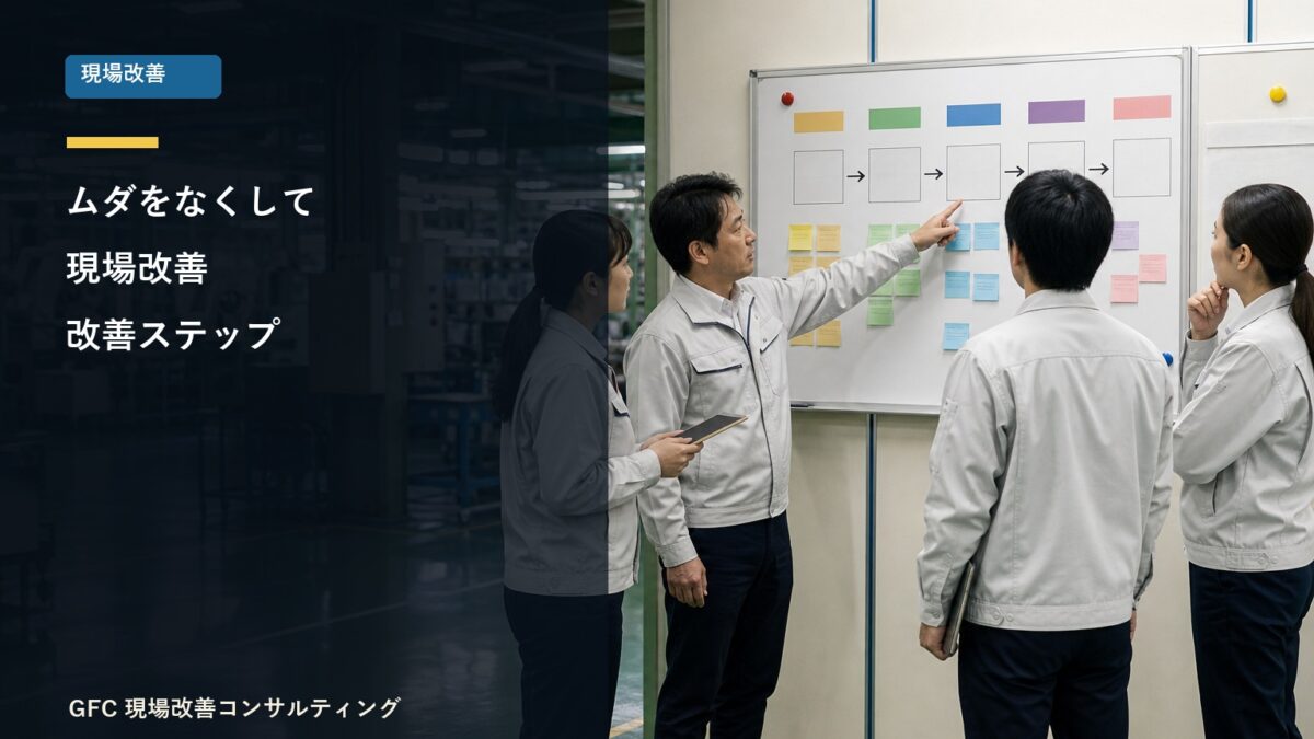 改善ステップをボードで整理する製造現場の改善チーム