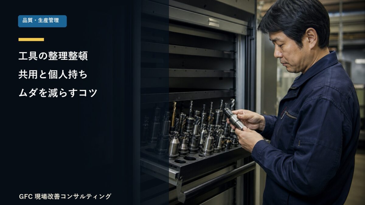 工具の在庫と定位置を確認する製造現場の作業者