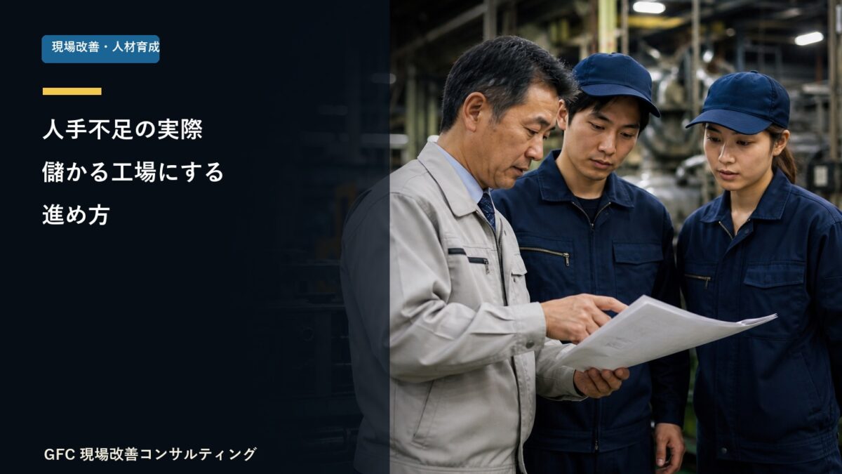 人手不足対策を検討する製造現場の管理者と作業者