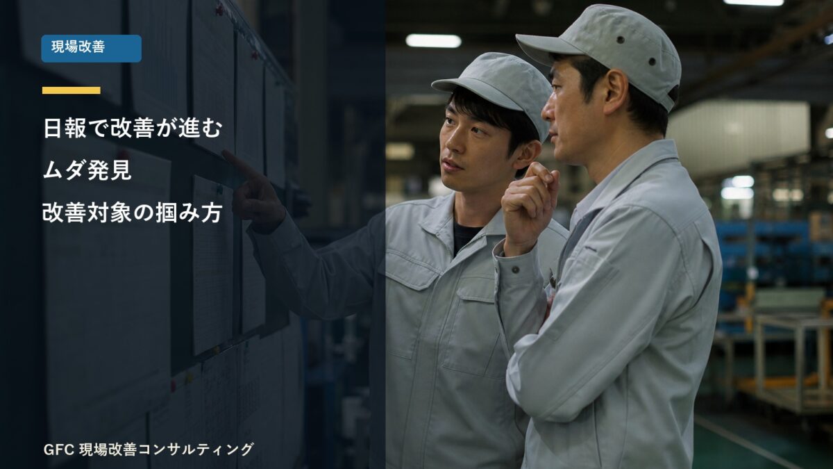 日報を見ながら改善対象を整理する製造現場の管理者と作業者