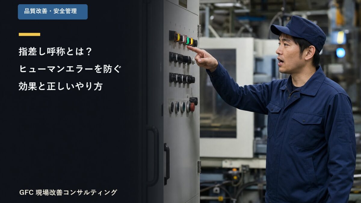操作盤の表示を指差しながら呼称確認する製造現場の作業者