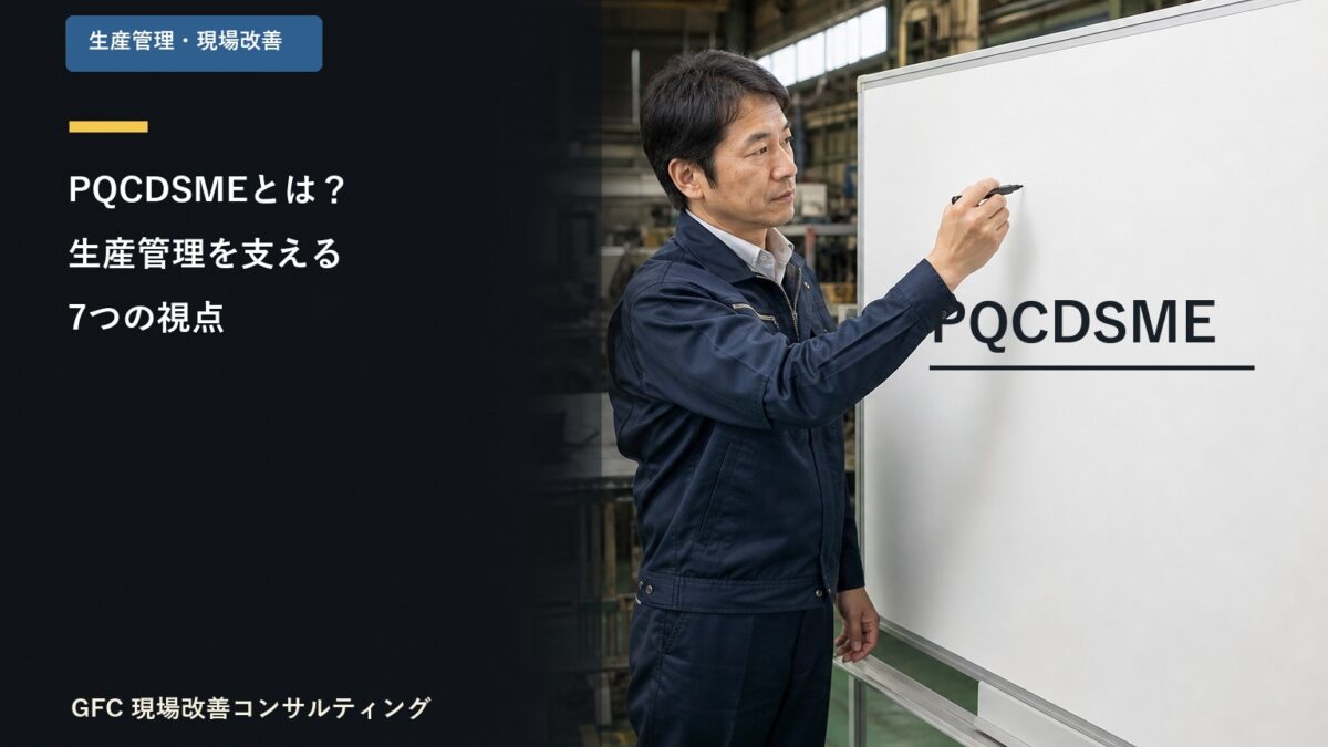 ホワイトボードにPQCDSMEと書き、生産管理の視点を整理する製造現場の管理者