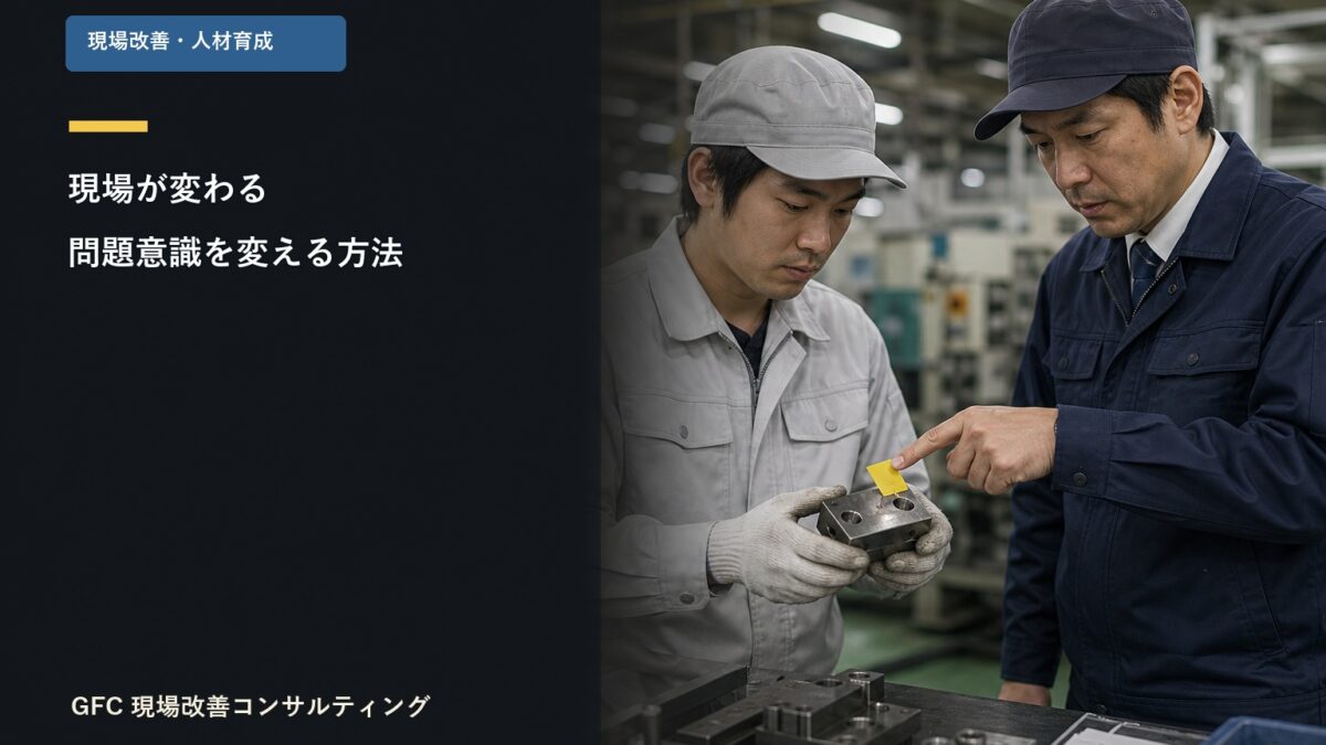 異常品を確認して課題を話し合う製造現場の管理者と作業者