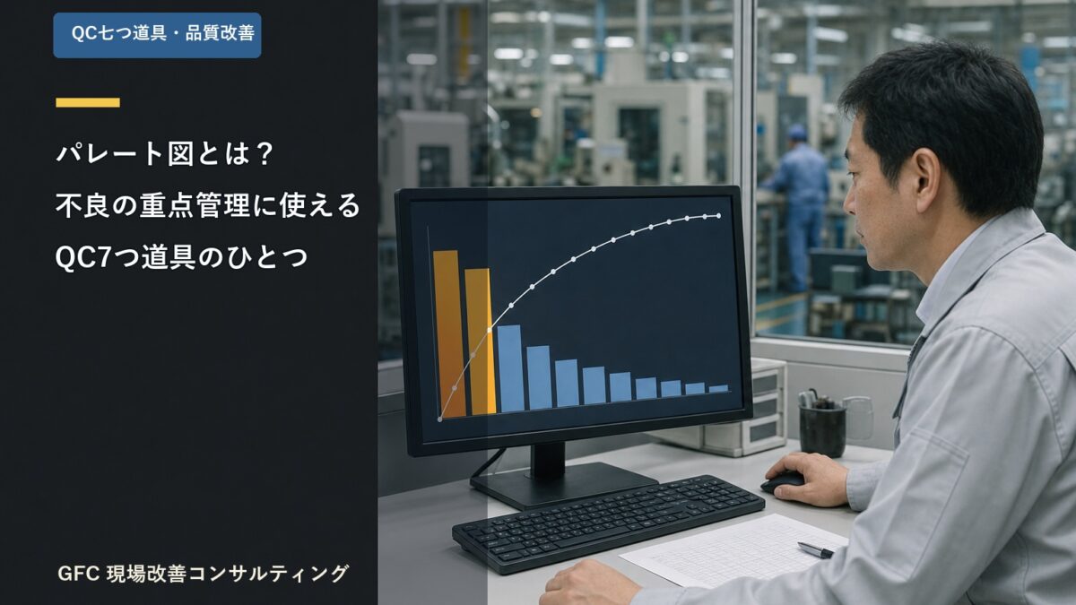 パレート図を表示したPC画面を確認する製造現場の品質担当者