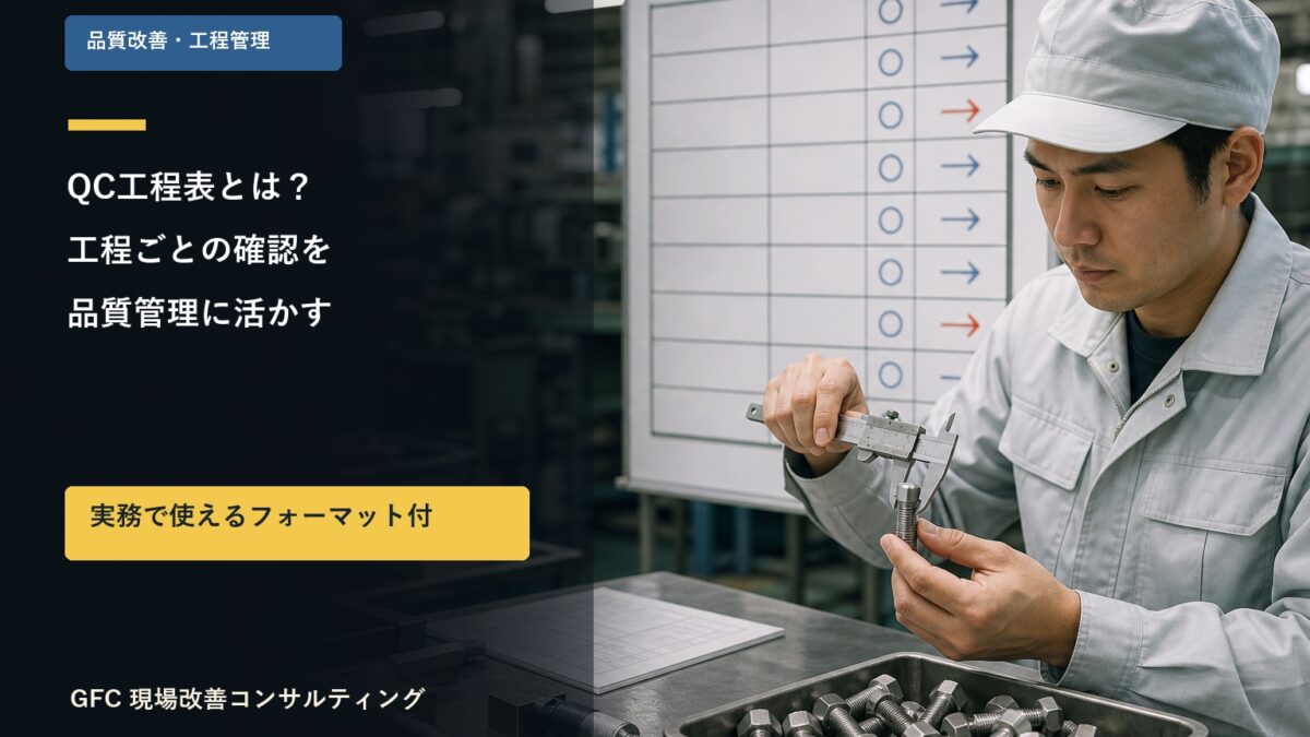 ノギスでボルトを測定し、工程の確認ボードを背景にした品質管理の製造現場