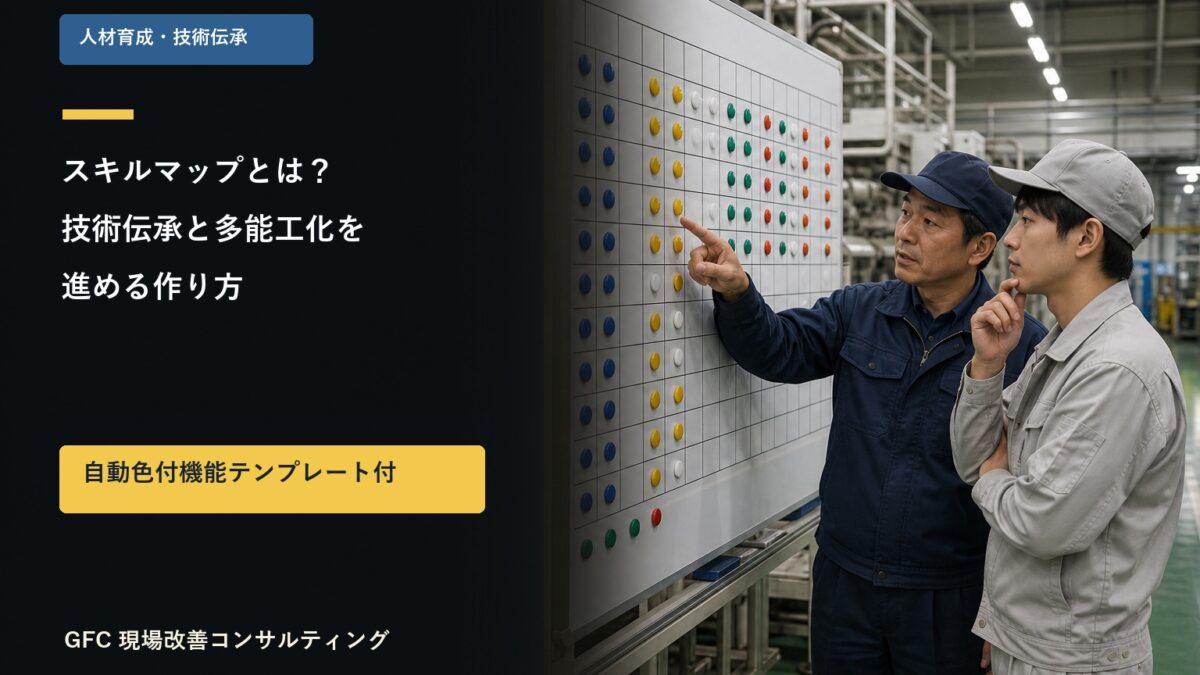技能マップを確認しながら技術伝承と多能工化を話し合う製造現場のリーダーと作業者