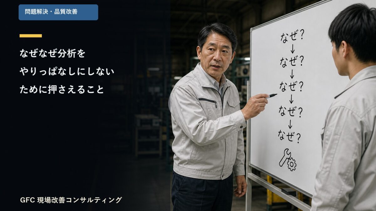 なぜを5回繰り返す原因分析をホワイトボードで説明する製造現場の管理者