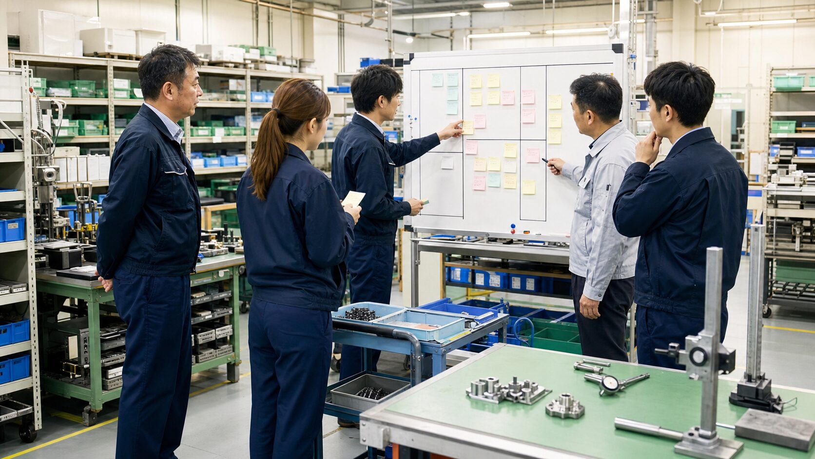 組立検査と部品棚の前で改善計画を作成する製造業チーム