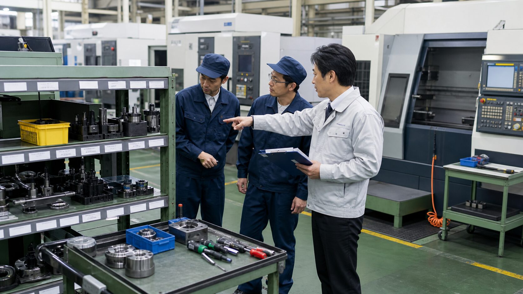 切削加工の現場で工具と部品置き場を確認する製造業チーム