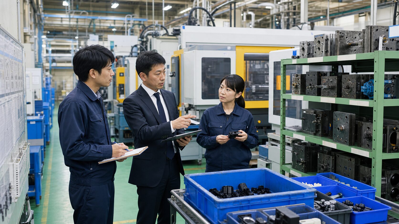 樹脂成形の現場で金型と部品置き場を確認する製造業チーム