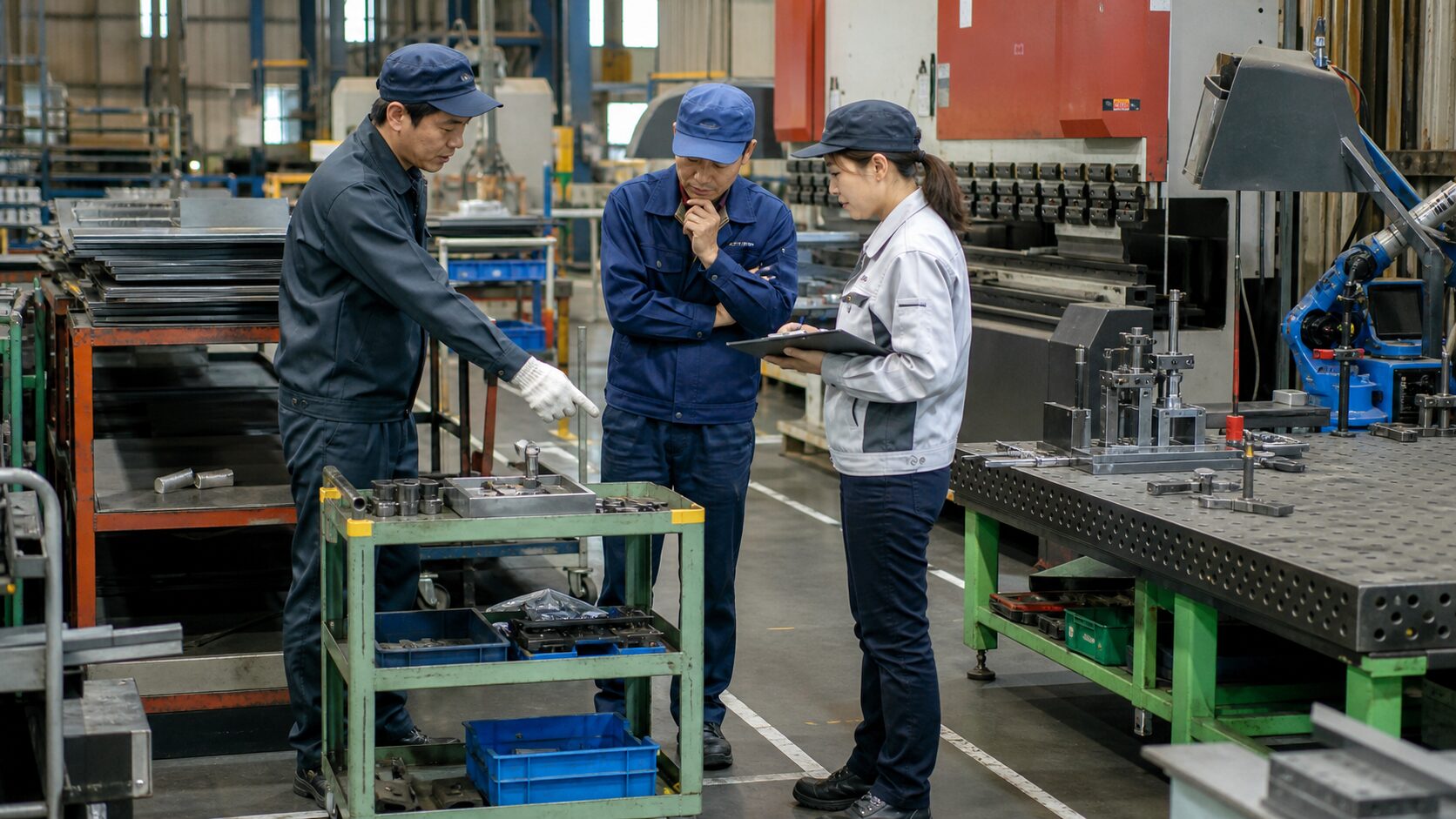 板金溶接の現場で治具と工具の置き場を確認する製造業チーム