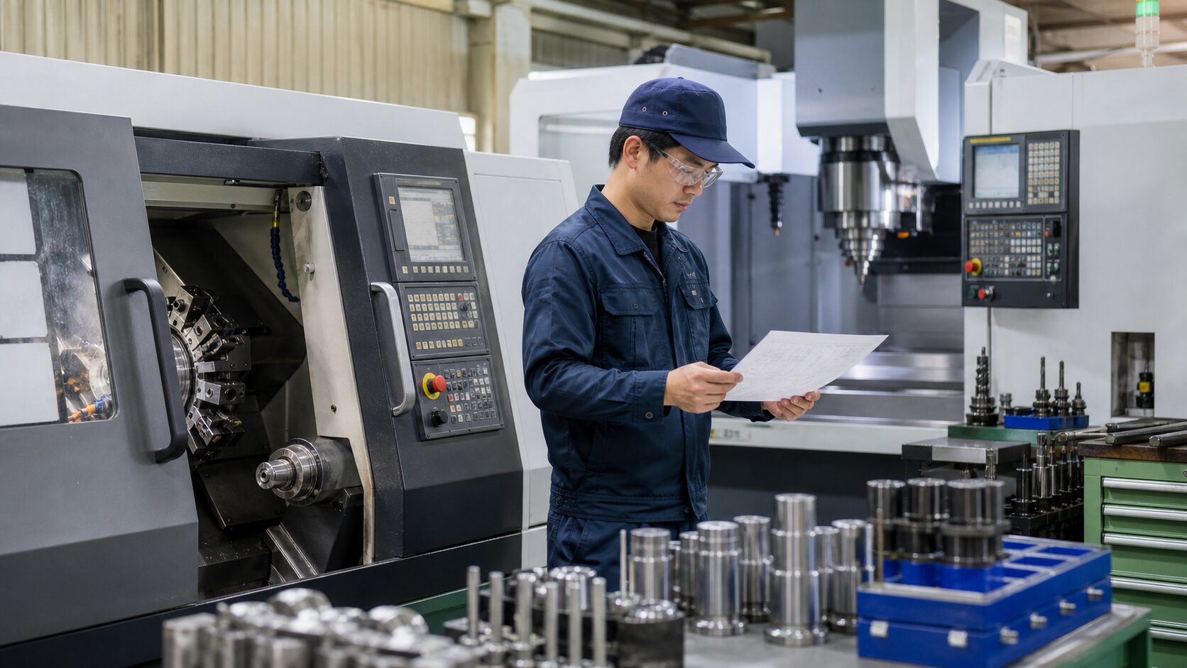 旋盤・マシニングの現場で加工条件と記録を確認する作業者