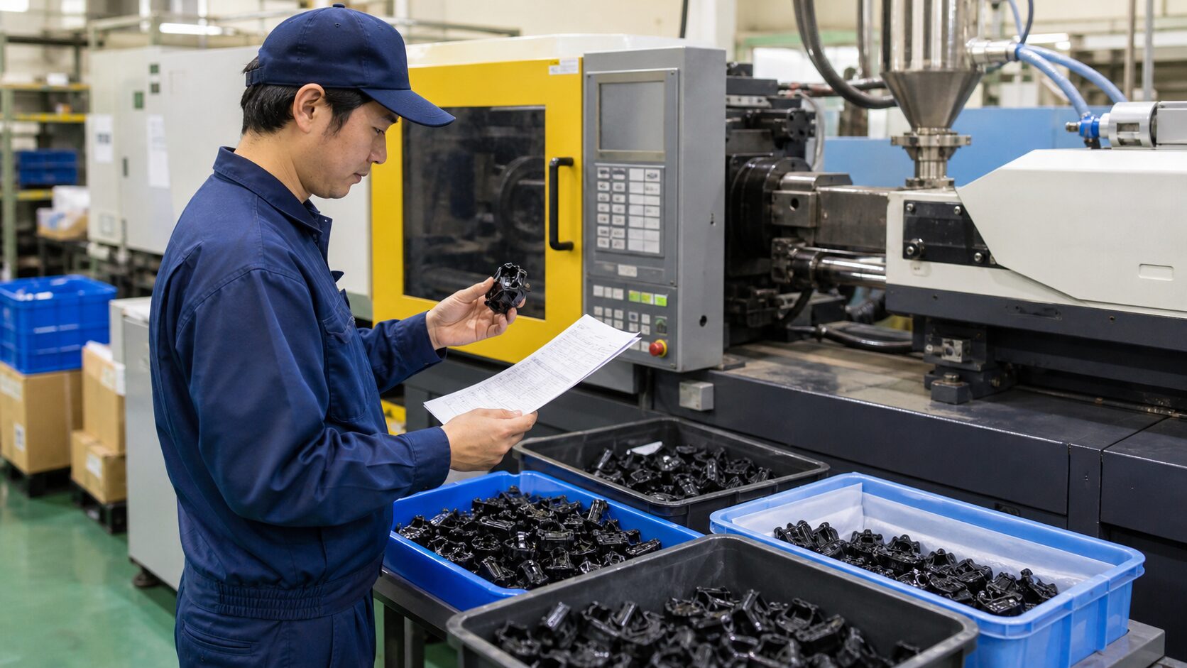 射出成形機の前で成形品と条件記録を確認する作業者