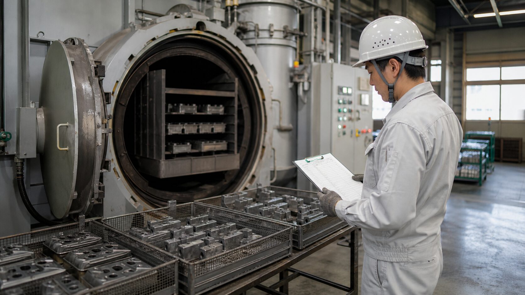 熱処理設備の前で金属部品とロット記録を確認する作業者