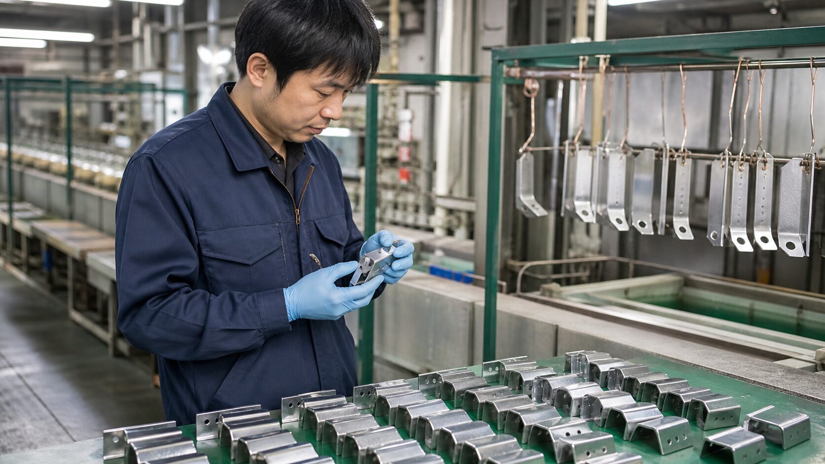 表面処理後の金属部品の外観を確認する作業者