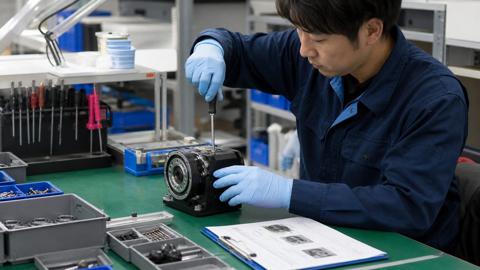 組立工程で作業手順を見ながら部品を組み付ける作業者