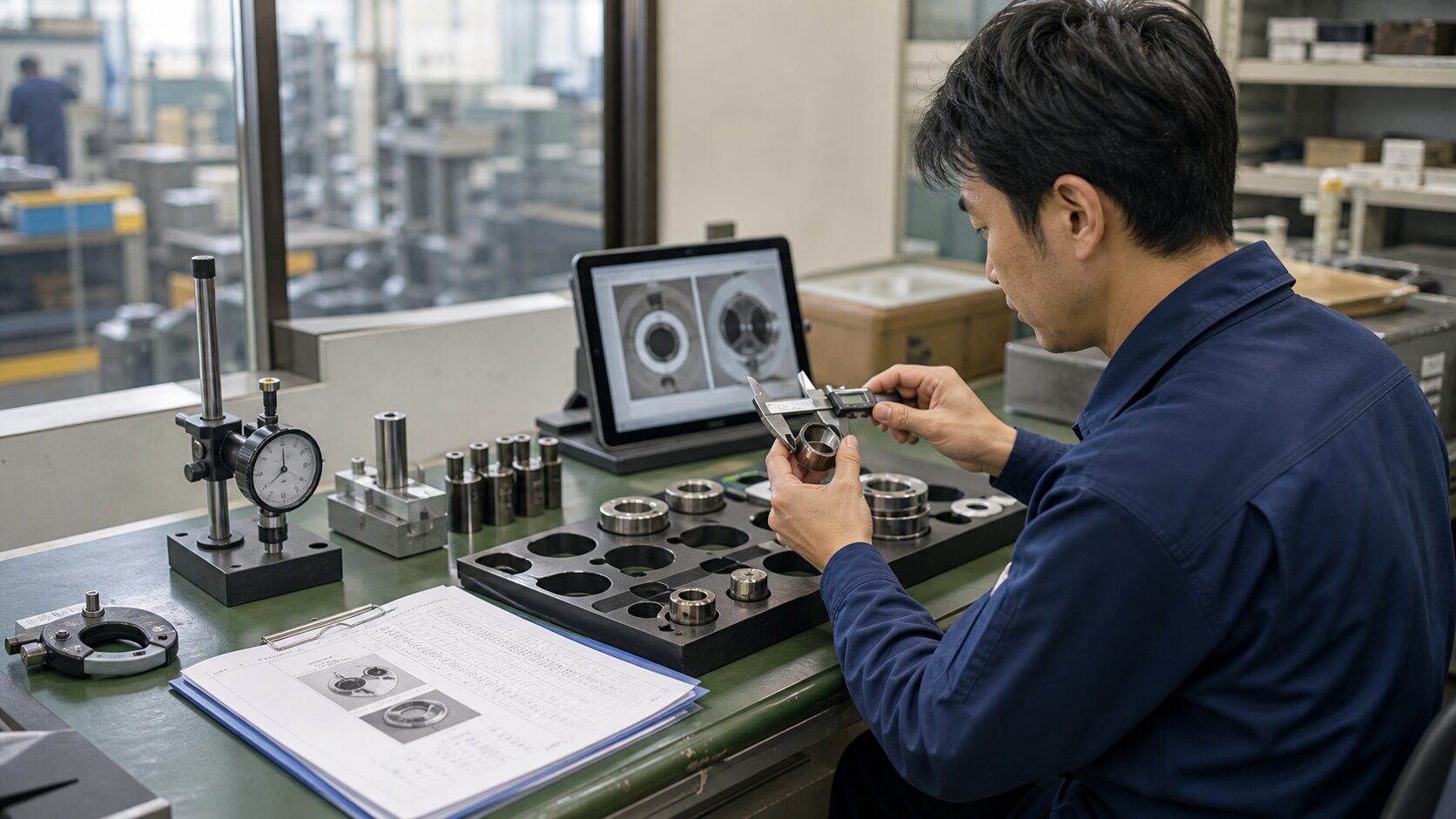 検査室で測定器を使い部品寸法を確認する作業者