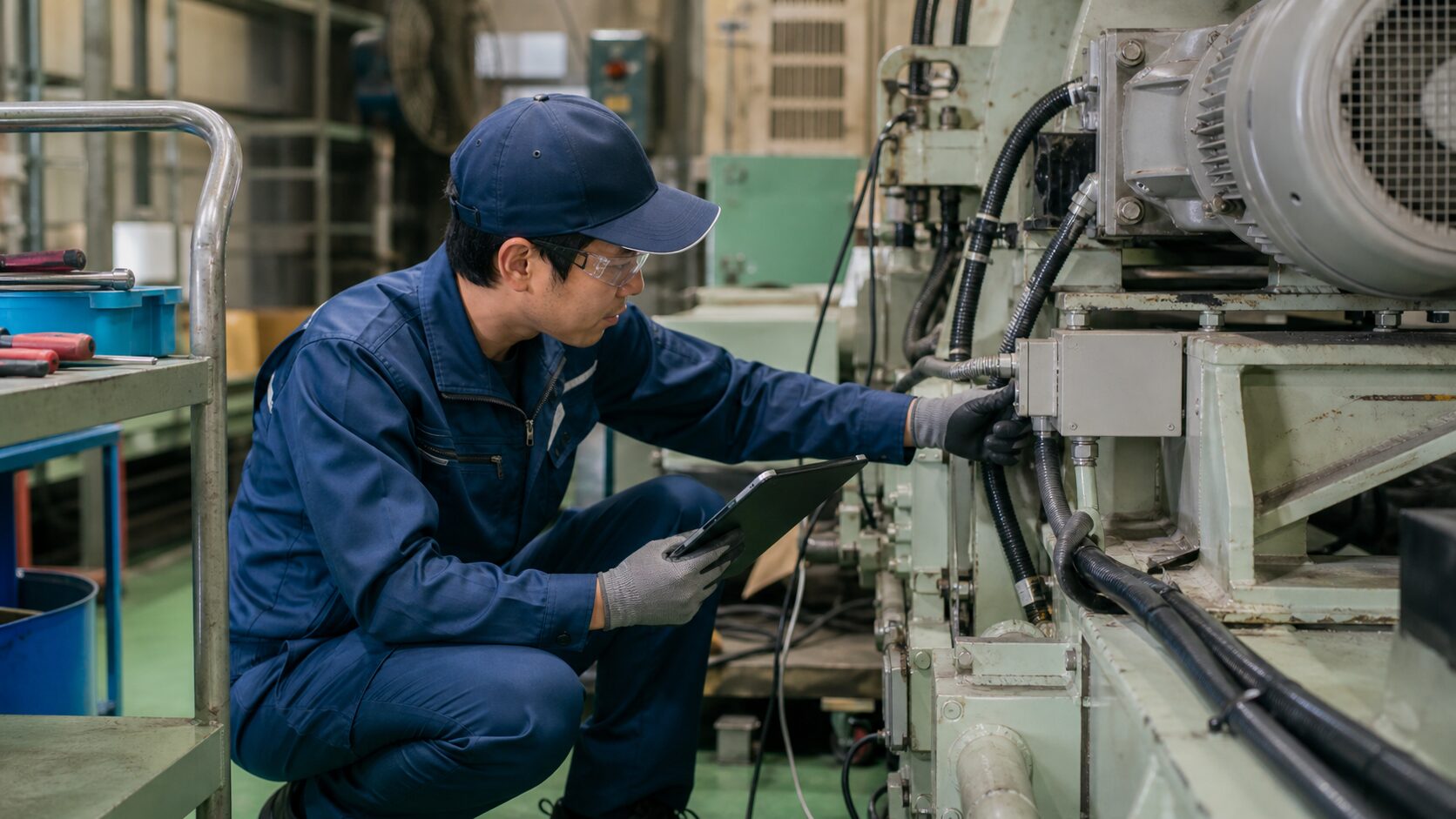生産設備の点検記録を確認しながら保全作業を行う作業者