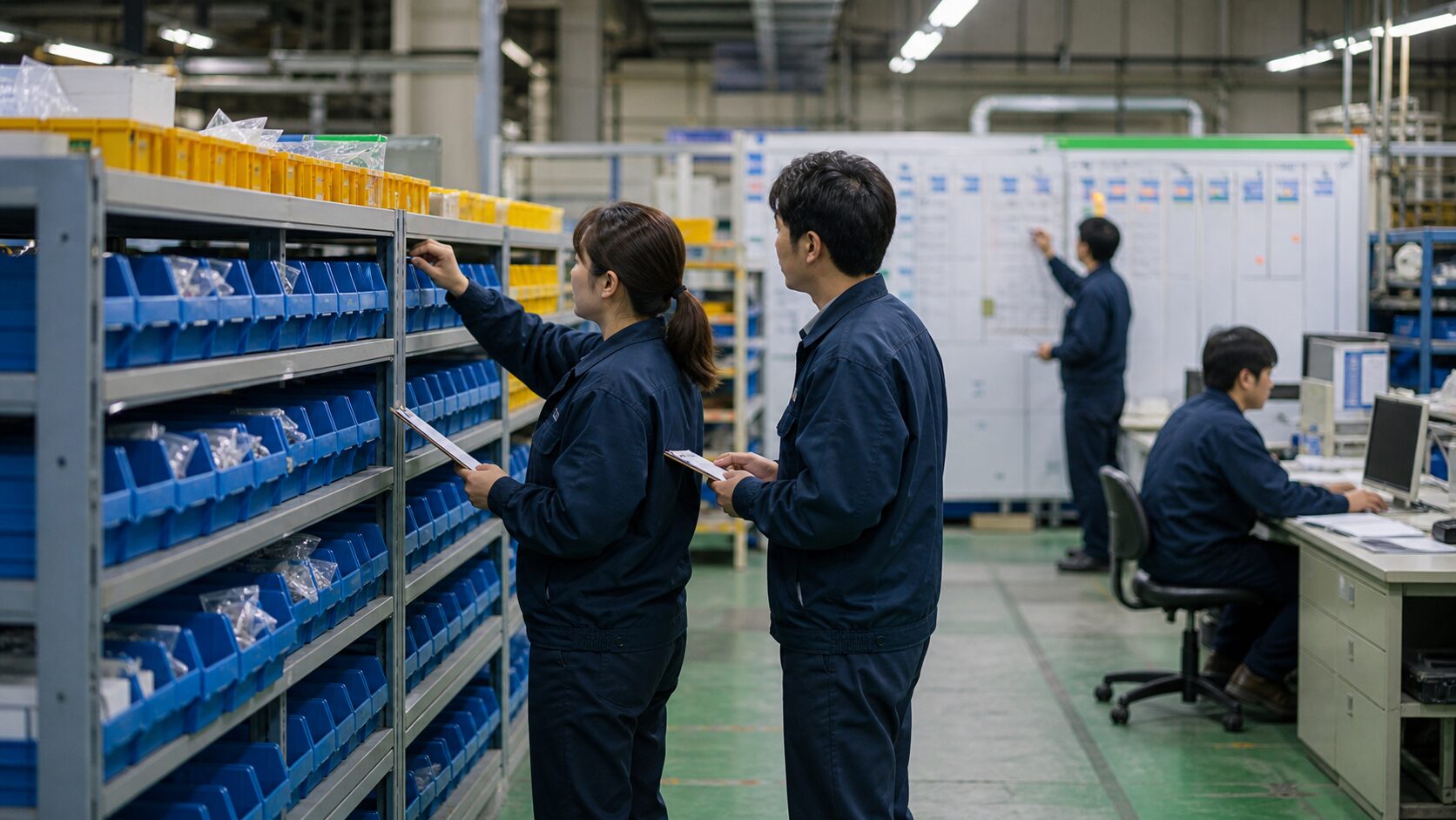 部品棚と生産管理ボードを確認し在庫と進捗を管理する作業者