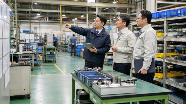 製造現場で改善の進捗を確認する伴走支援の様子
