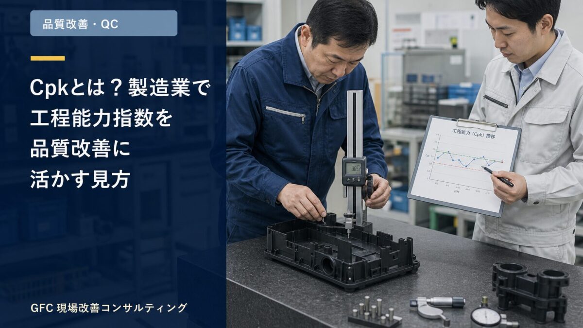 製造現場で成形部品を測定し工程能力を確認する品質管理担当者