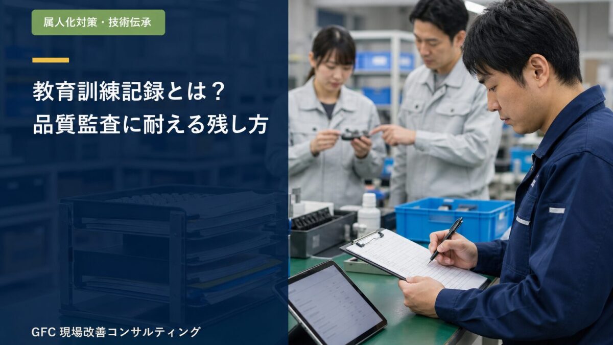 製造現場で教育訓練記録を確認しながら品質監査に備える作業者と指導者
