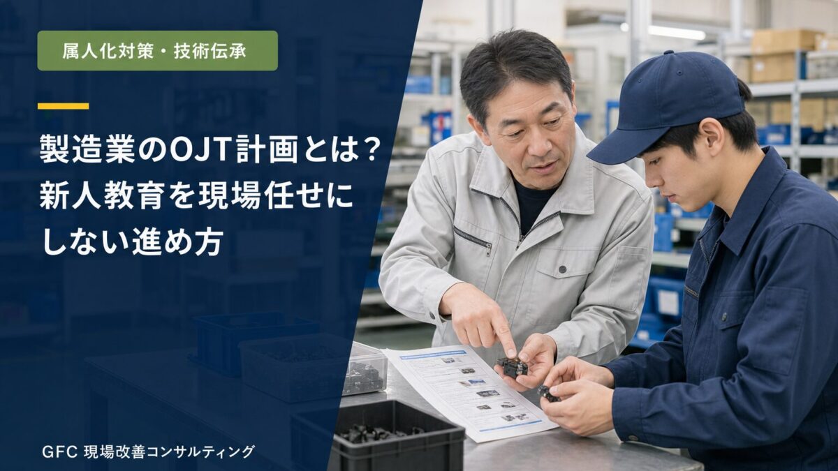 製造現場で標準作業を確認しながら新人教育を行う先輩社員と作業者