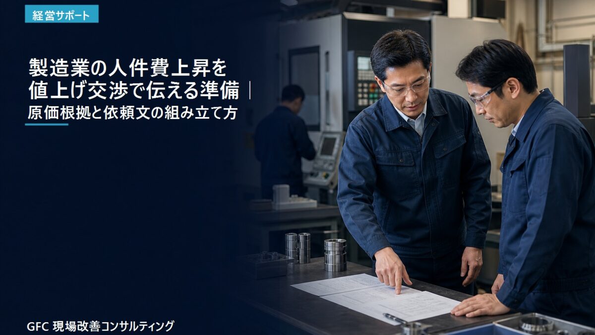 製造現場で原価表と工程表を確認し、人件費上昇に伴う価格改定の準備をする担当者