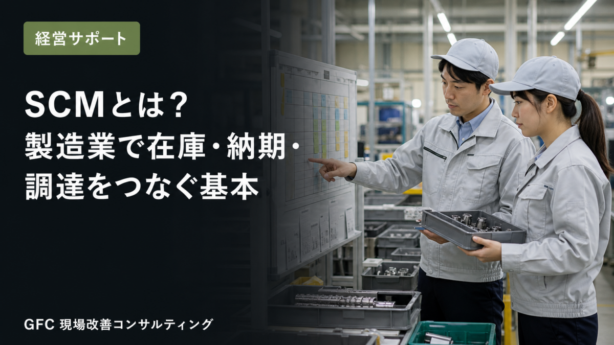 製造工場で生産計画ボードと部品在庫を確認し、SCMの調達と納期を話し合う担当者