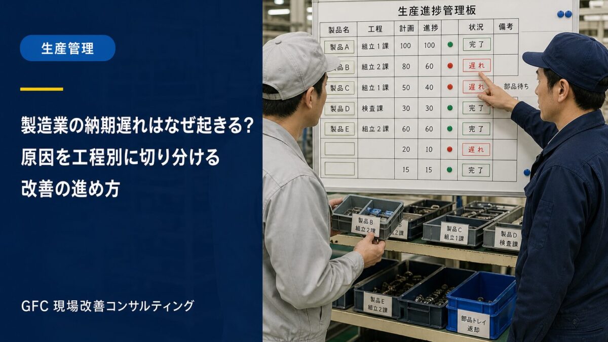工程進捗ボードと部品を確認しながら納期遅れの原因を話し合う製造現場の担当者