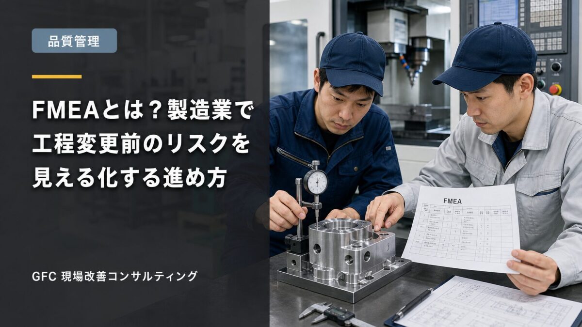 工程FMEAの表と測定器を使い金属部品を確認する製造現場の担当者