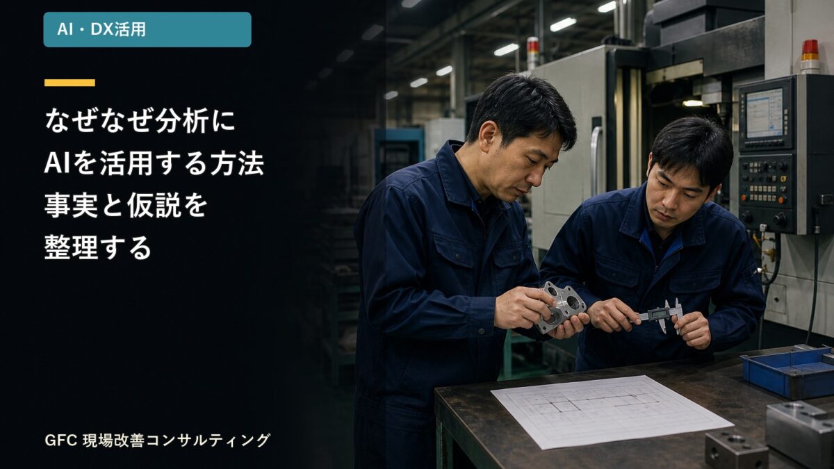 切削加工部品と測定記録を確認しながら、なぜなぜ分析を行う製造現場の作業者