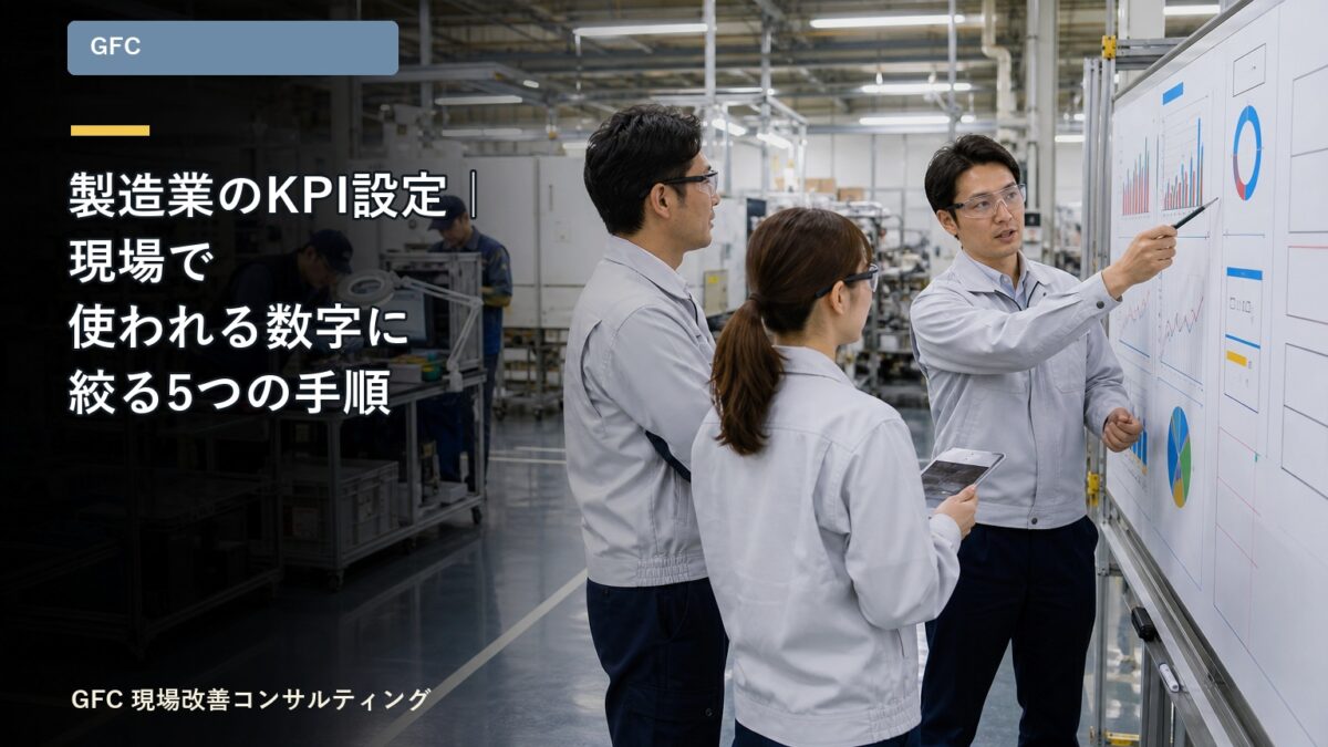製造現場でKPIボードを確認し改善の打ち手を話し合う作業者と管理者