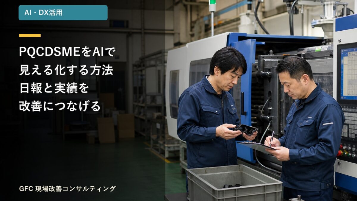 射出成形工程で、成形品と日報を確認しながらPQCDSMEの日常管理を行う製造現場のリーダー