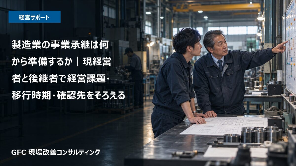 製造現場で現経営者と後継者が経営移行の準備資料を確認している様子
